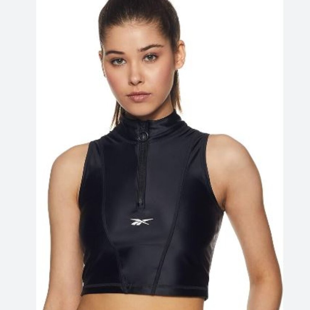 REEBOK| Shiny Black Lycra Crop NWT SZ L Black with pull zipper
